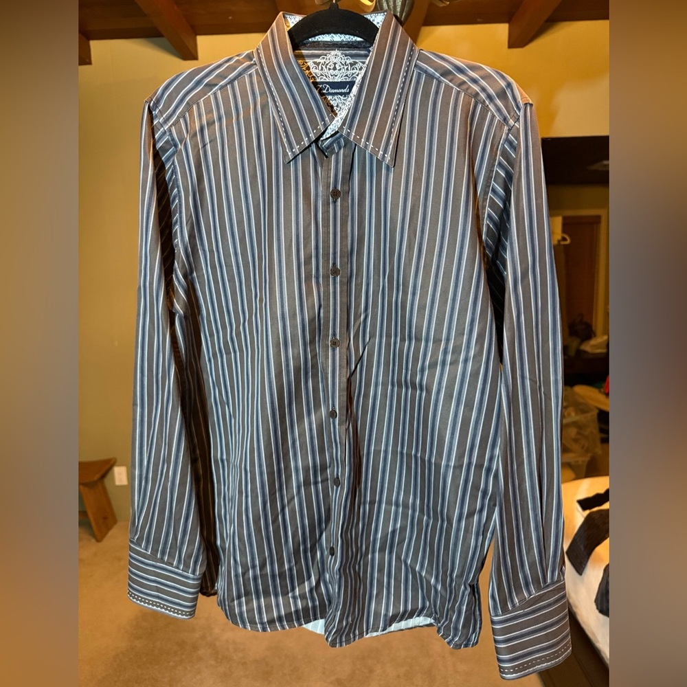 7 Diamonds Brown, Blue, and White Striped Dress Shirt